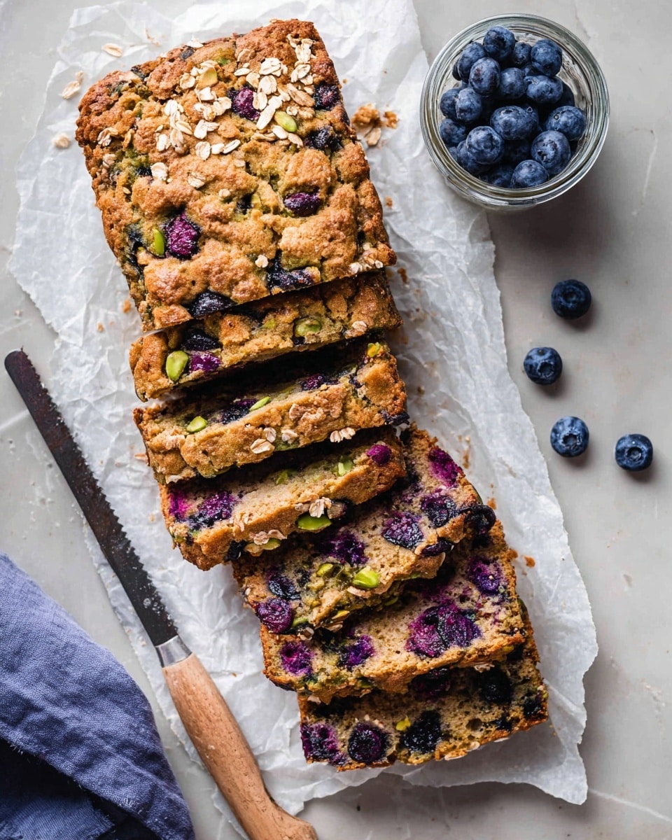 A sliced blueberry and pistachio loaf resting on white parchment paper over a white marbled surface shows five thick, uneven slices revealing a moist texture with scattered deep purple blueberries and green pistachio pieces inside a golden brown crust dotted with oats. To the side, there is a clear glass jar filled with fresh blueberries, a few loose blueberries on the surface, and a serrated knife with a wooden handle lying next to the sliced loaf. photo taken with an iphone --ar 4:5 --v 7