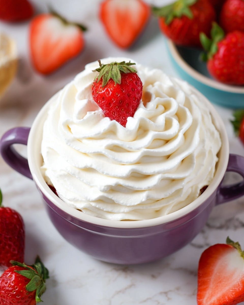 A dessert with two visible layers sits inside a white bowl with purple handles; the bottom layer is hidden but shows hints of red, likely strawberries, while the top layer is a thick swirl of white whipped cream with smooth, wavy textures covering the whole surface. On top of the whipped cream, there is a single fresh strawberry cut in half, showing its red interior and green stem. Around the bowl on the white marbled background are whole strawberries and halved strawberries. Photo taken with an iphone --ar 4:5 --v 7