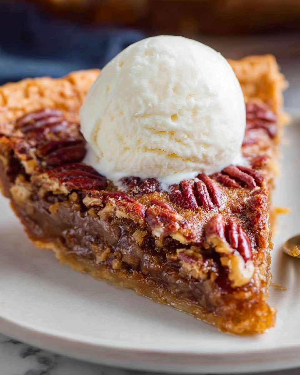 A close-up of a slice of pecan pie with three visible layers: a golden brown crust at the bottom that looks crisp, a thick, gooey, caramel-colored filling in the middle full of pecan pieces, and a top layer of whole reddish-brown pecans arranged neatly. Sitting on top of the pie slice is a smooth, creamy, white scoop of vanilla ice cream starting to melt slightly over the edges. The pie is placed on a white plate, with a white marbled textured surface underneath. Photo taken with an iphone --ar 4:5 --v 7