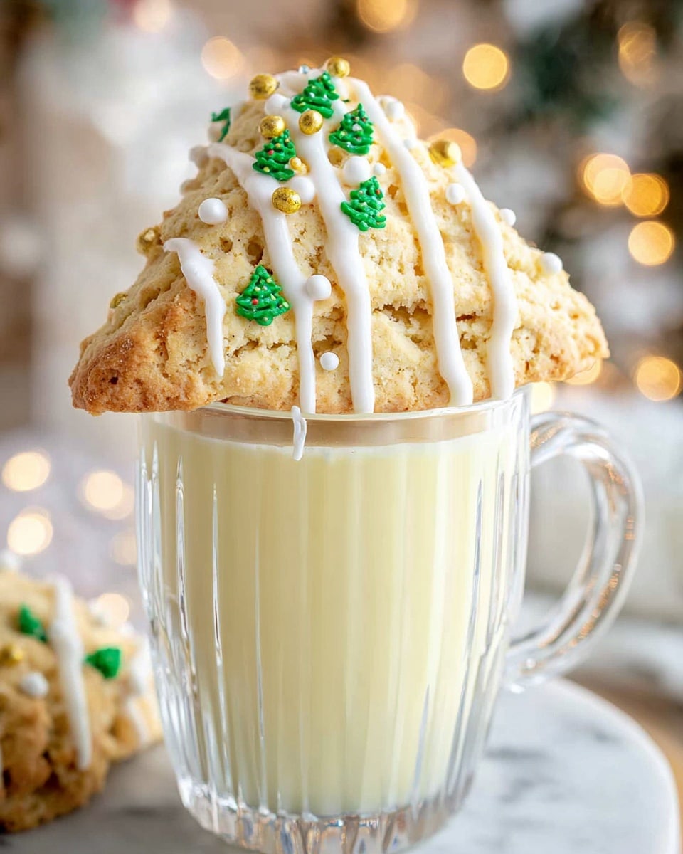 A close-up of a triangular scone balanced on the edge of a clear ribbed glass mug filled with a creamy light yellow drink. The scone has a golden brown texture with a rough surface and is drizzled generously with smooth white icing in diagonal stripes. On the icing, small green Christmas tree-shaped sprinkles and white and gold round sprinkles add festive color. The background is softly blurred with warm lights and soft white shapes creating a cozy winter feeling on a white marbled texture. photo taken with an iphone --ar 4:5 --v 7