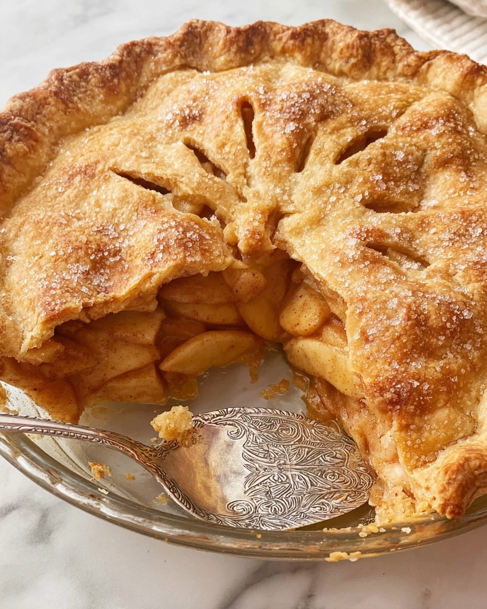 A golden brown apple pie with a thick, flaky top crust sprinkled with sugar crystals and small cut-out slits for steam, sliced to reveal several layers of soft, cinnamon-spiced apple slices inside. The pie is in a clear glass dish on a white marbled surface, with a decorative silver pie server partially under the pie slice, showing the textured, crumbly edges of the crust. photo taken with an iphone --ar 4:5 --v 7