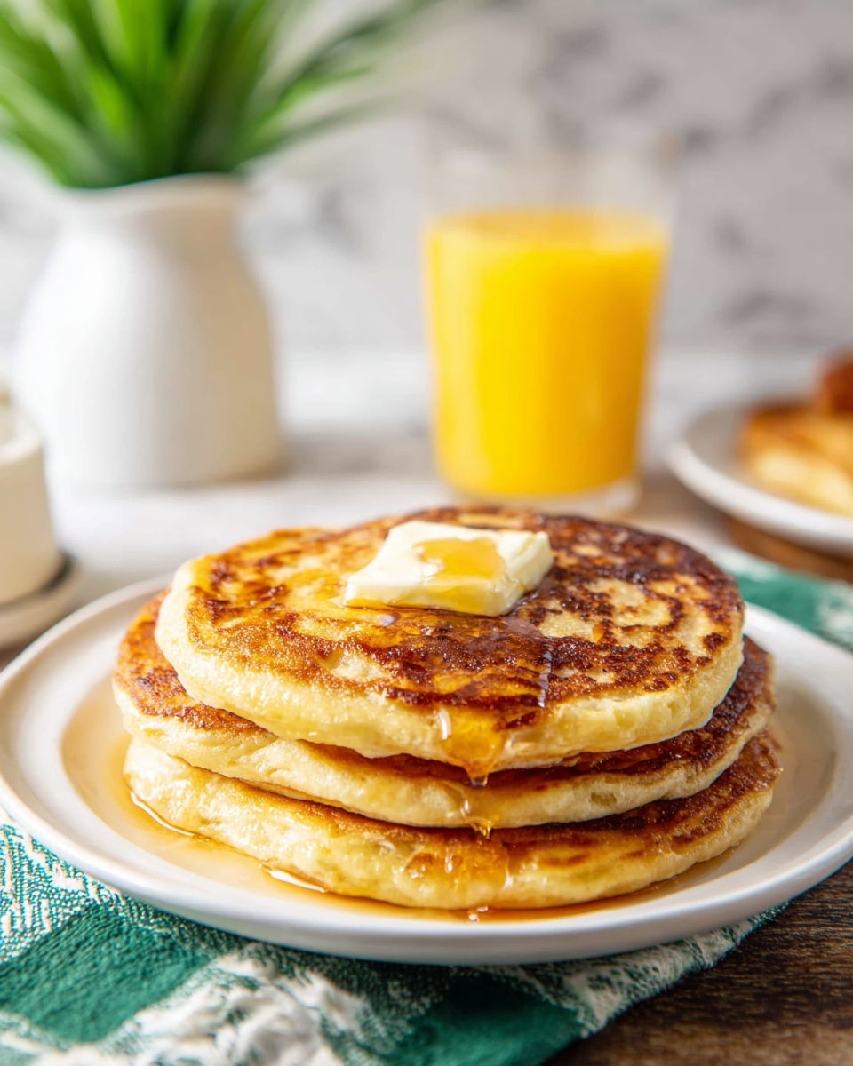 A stack of four golden-brown pancakes rests on a white plate, each pancake showing a slightly uneven circular shape with crispy edges and a soft, fluffy texture. On top of the stack, there is a square pat of pale yellow butter melting slowly with glossy amber syrup drizzled over it, pooling slightly at the edges. Behind the stack, on another white plate, there are two round, toasted sausage patties with a browned, textured surface. To the left, a tall glass filled with bright orange juice stands beside a white marbled surface beneath a green and white striped cloth. In the background, a white cup holds a small green leafy plant. photo taken with an iphone --ar 4:5 --v 7