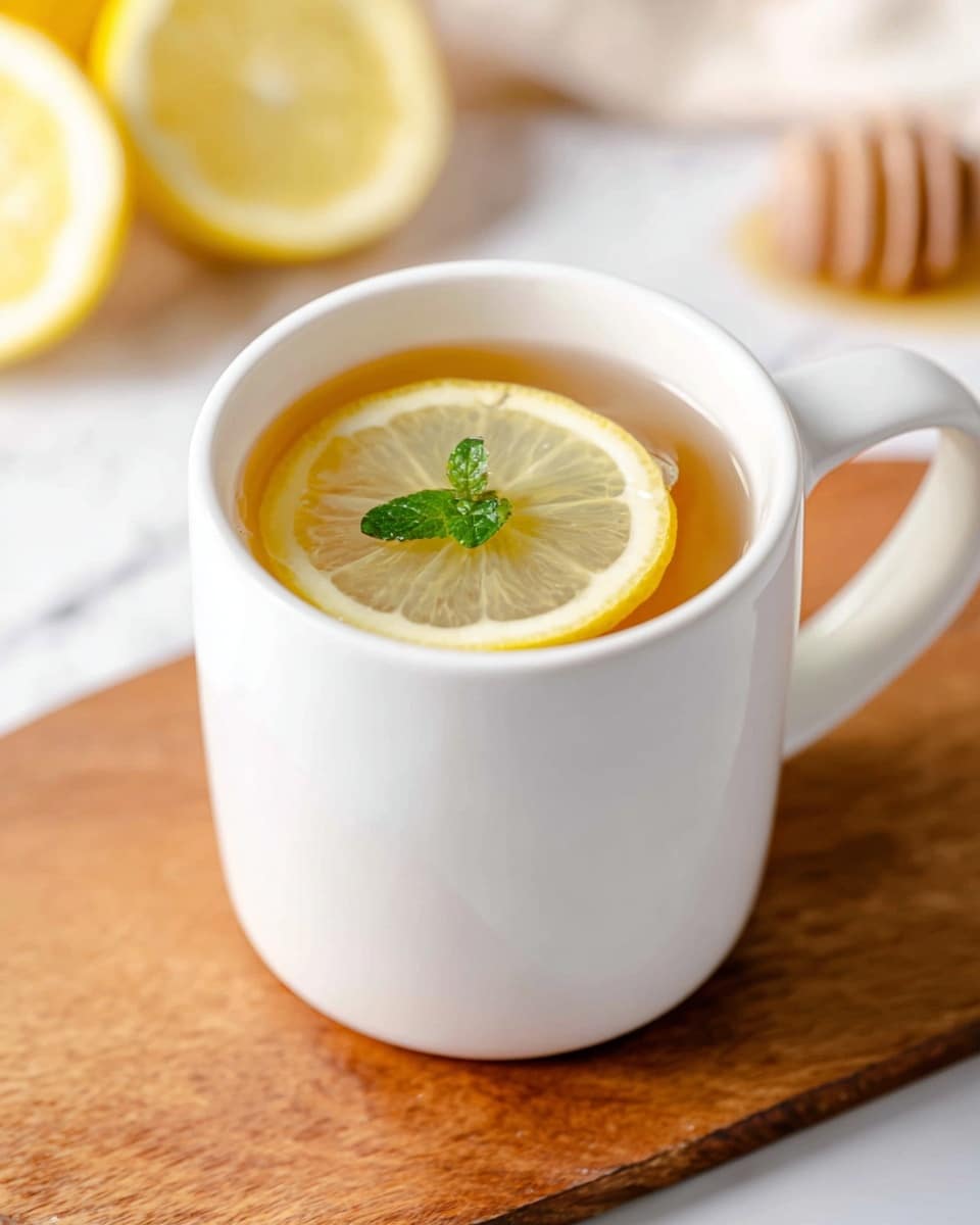 A white mug filled with clear light brown tea, topped with a thin slice of lemon floating on the surface, and a small green mint leaf resting slightly off-center on the lemon slice. The mug is placed on a wooden board with blurred lemon slices and a honey dipper visible in the background. The scene has a soft, bright lighting with a white marbled texture in the background. Photo taken with an iphone --ar 4:5 --v 7