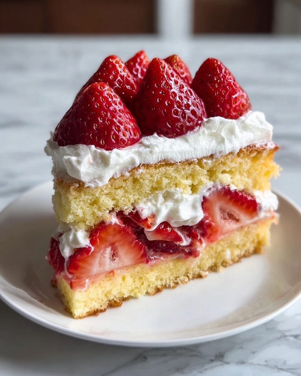 A slice of strawberry shortcake with three visible layers sits on a white plate over a white marbled surface. The bottom layer is a light yellow sponge cake with a soft texture. The middle layer is filled with white whipped cream and fresh red strawberry slices, some with seeds visible. The top layer is another light yellow sponge cake topped with a thick layer of white whipped cream, crowned by halved whole red strawberries that glisten slightly. photo taken with an iphone --ar 4:5 --v 7