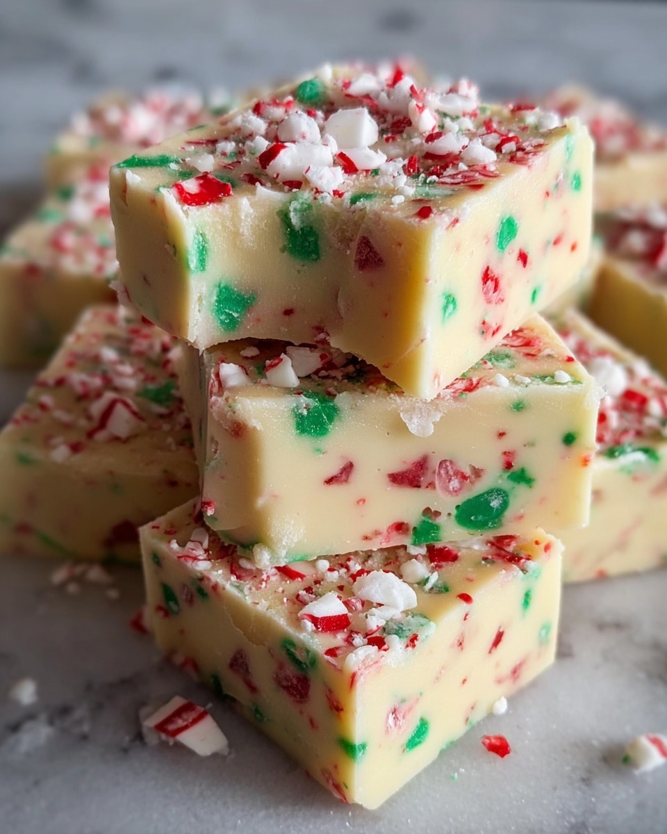 A close-up view of a stack of five square fudge pieces with a creamy light yellow base color. Embedded throughout the fudge are small, uneven red and green peppermint candy bits, giving the surface a colorful and festive look. The top layer is richly covered with crushed peppermint pieces, adding texture and color contrast. The fudge pieces are placed on a white marbled surface, and they have sharp, clean edges that emphasize their block shape. Photo taken with an iphone --ar 4:5 --v 7