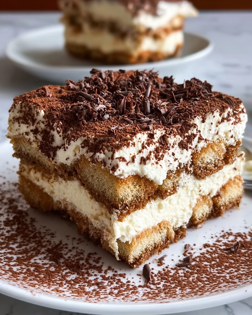 A close-up of a square slice of tiramisu on a white plate, sitting on a white marbled textured surface. The tiramisu has three main layers: the bottom and middle layers are light brown coffee-soaked ladyfinger biscuits with a soft, porous texture, separated by a thick middle layer of creamy, white mascarpone cheese. On top, a thick layer of the same creamy white mascarpone cheese is sprinkled heavily with dark brown cocoa powder and topped with dark chocolate shavings. Cocoa powder is also scattered around the plate's surface, adding contrast to the white plate. In the background, there's a blurred out second slice of the same tiramisu. photo taken with an iphone --ar 4:5 --v 7