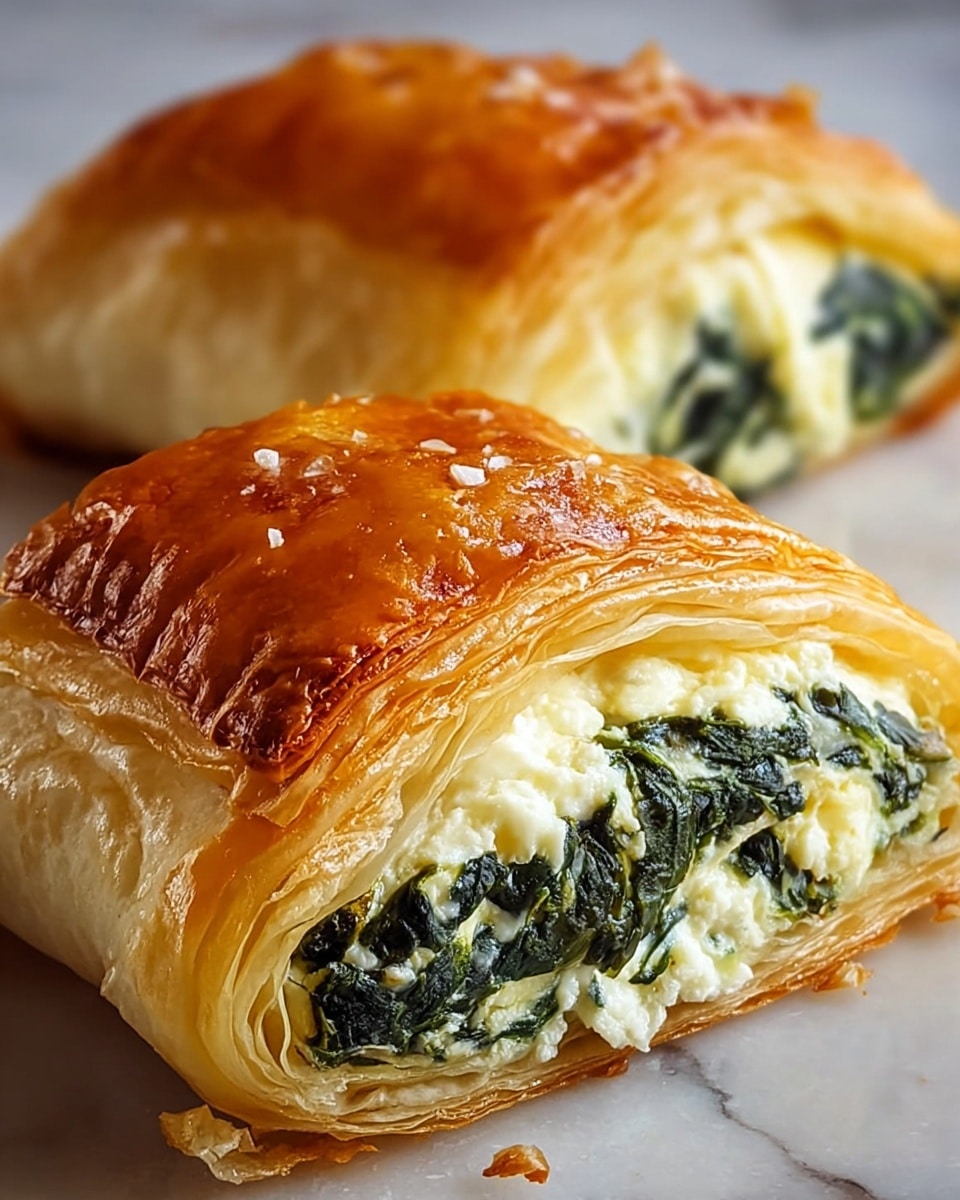 Two pieces of golden brown puff pastry are shown close up, cut to reveal about three visible flaky layers on the top with a shiny, slightly darker baked crust. Inside, the filling has a creamy white cheese mixed with chopped dark green spinach, visible in a thick layer that fills the pastry almost fully. The pastries are placed on a white marbled surface. photo taken with an iphone --ar 4:5 --v 7