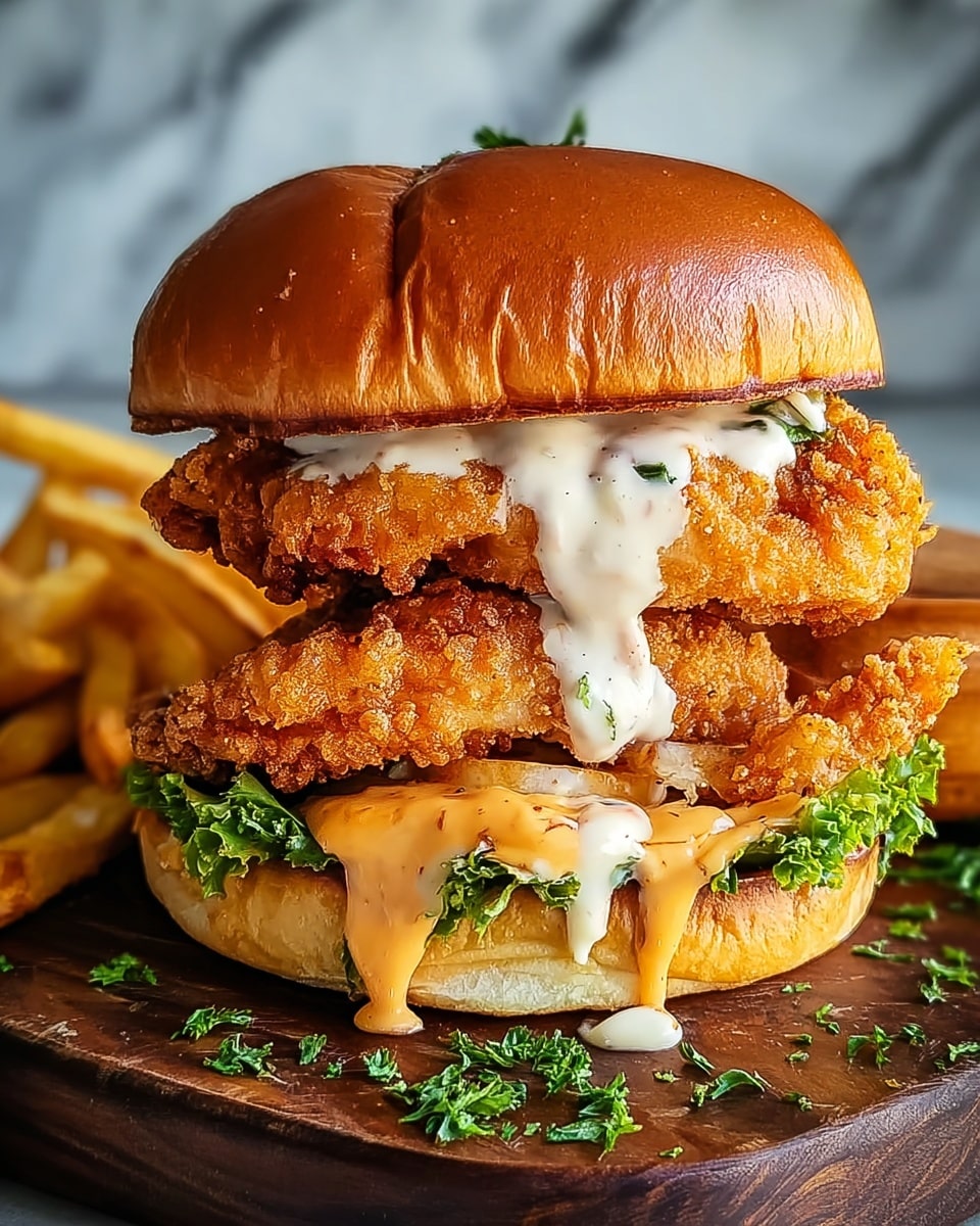 A close-up of a tall sandwich with three crispy golden fried chicken strips stacked inside a shiny toasted bun, with creamy white sauce with specks dripping over the top chicken strip, and light orange sauce spreading thickly on the inside of the bottom bun along with some fresh green lettuce peeking out; the sandwich sits on a dark wooden board, scattered with some golden French fries and small green parsley bits, all on a white marbled textured surface, photo taken with an iphone --ar 4:5 --v 7
