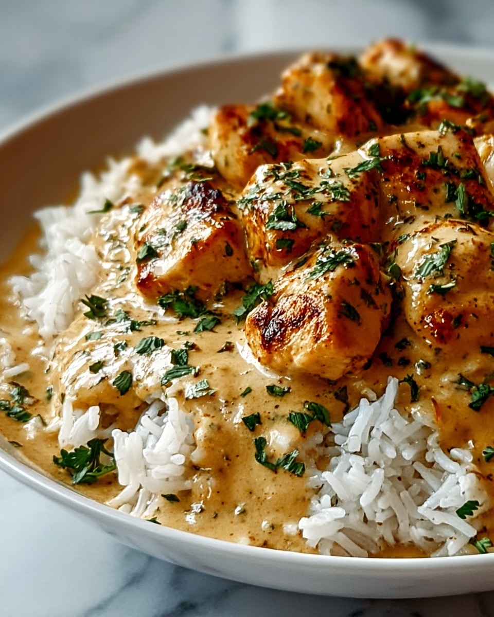 A close-up view of a white bowl filled with three layers: the bottom layer is bright white cooked rice with soft, separated grains; the middle layer is a creamy, light tan sauce that looks smooth and rich, covering the rice generously; the top layer consists of golden-brown seared chicken pieces, slightly charred on the edges, sprinkled with fresh green chopped herbs that add a pop of color. The bowl is placed on a white marbled surface, with soft natural light coming from the background. photo taken with an iphone --ar 4:5 --v 7