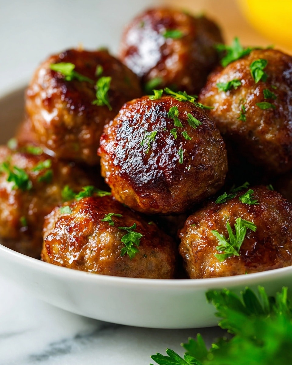 A white bowl filled with several round meatballs that have a golden-brown, crispy outer layer with a slightly shiny glaze. The meatballs are garnished with small green parsley leaves scattered on top and around them. The background features a soft focus white marbled texture. Photo taken with an iphone --ar 4:5 --v 7