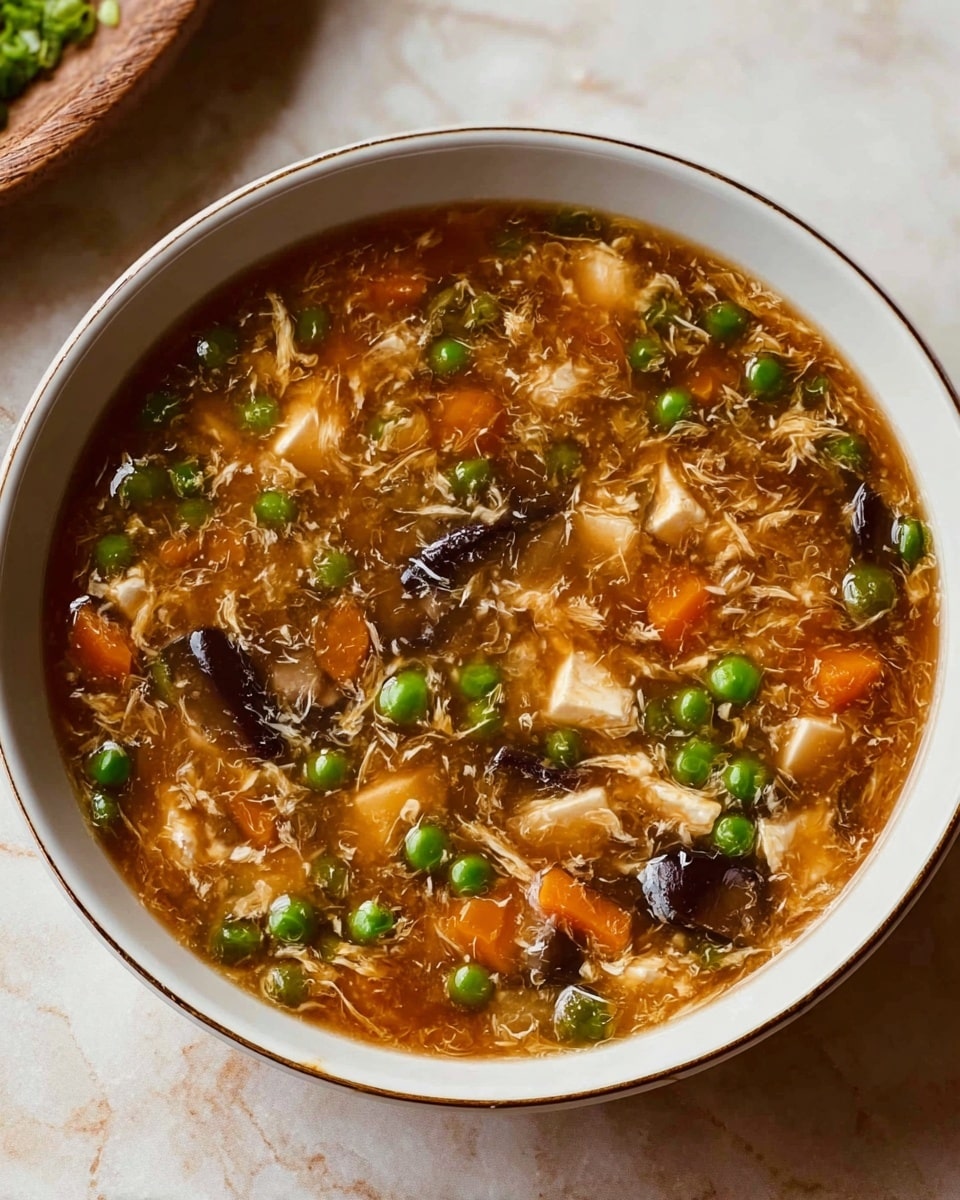 A bowl filled with a thick, brown soup showing multiple layers of ingredients. The soup contains visible orange carrot slices, small bright green peas, chunks of white tofu or egg, and dark brown mushrooms scattered throughout. The texture is slightly gelatinous with bits of shredded elements floating in the broth. The bowl is white with a simple thin rim and sits on a white marbled texture surface. photo taken with an iphone --ar 4:5 --v 7