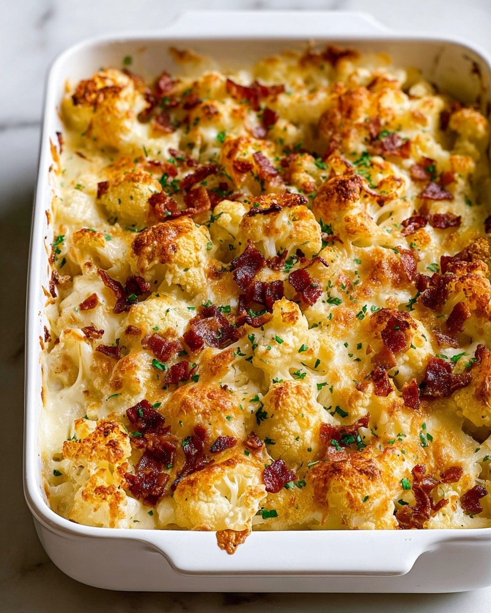 In this white rectangular dish, there is a baked casserole with three visible layers: the bottom layer has soft cauliflower pieces in pale white and light yellow, the middle layer is melted creamy cheese in white with some stringy parts, and the top layer is crispy golden brown cheese mixed with small dark red bacon bits scattered evenly and sprinkled with finely chopped green herbs. The casserole surface has an uneven texture with browned, bubbly cheese. The dish sits on a white marbled textured surface. photo taken with an iphone --ar 4:5 --v 7
