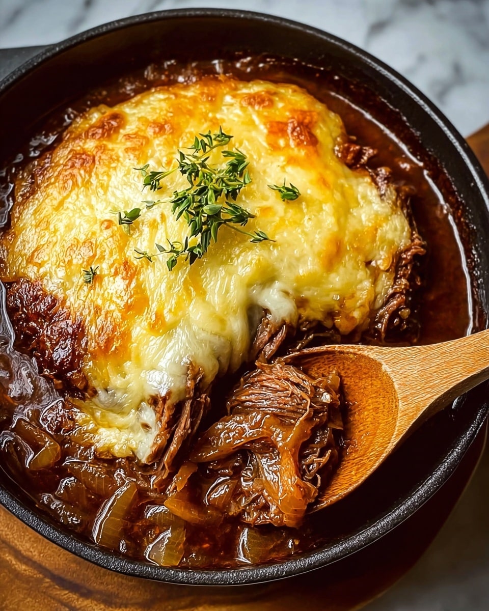 The dish shows a dark brown stew base with soft, translucent caramelized onion layers and shredded meat mixed in, giving it a rich, textured look. On top, there is one thick layer of melted, golden cheese with a slightly bubbly surface, crowned with small fresh green herb sprigs. The warm, glossy onions lie mostly around the edges, mixed in lightly with the meat, in a round black pan placed on a white marbled texture. A wooden spoon is scooping some onions from the right side. Photo taken with an iphone --ar 4:5 --v 7