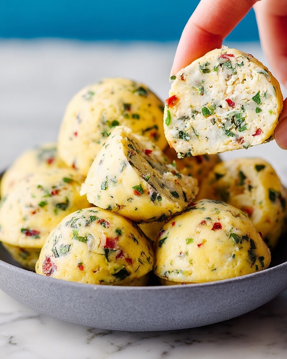 The image shows a gray bowl filled with several yellowish round egg bites speckled with green herbs and red bits, stacked in a small pile. One of the egg bites is held by a woman's hand and is cut in half, revealing a soft, fluffy inside filled with visible layers of green, red, and white pieces evenly mixed throughout. The egg bites have a smooth texture and slight shine on the surface, and the background is a simple white marbled texture with a blurred bright blue area behind. photo taken with an iphone --ar 4:5 --v 7