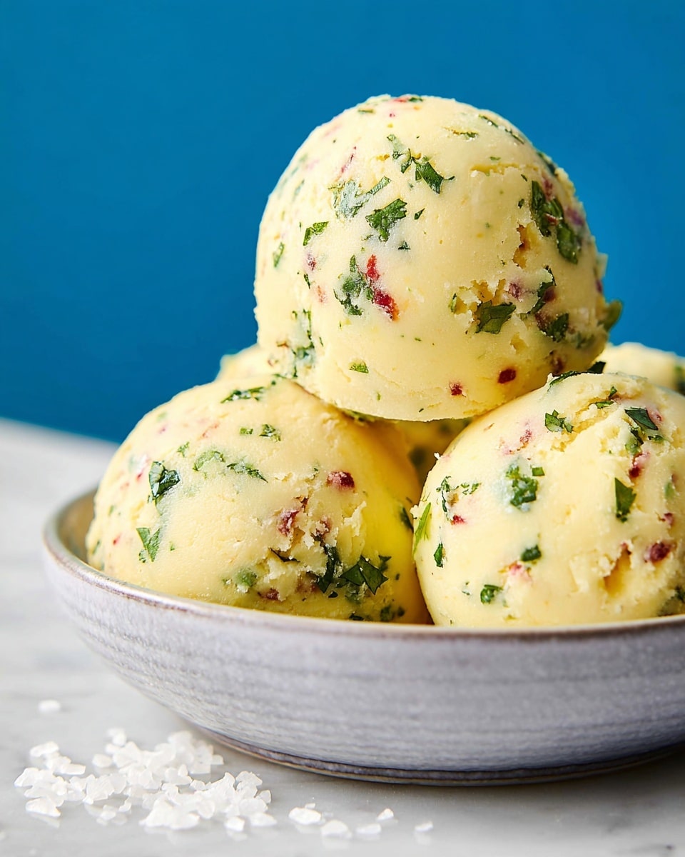 The image shows four rounded scoops of a creamy yellow mixture, each containing small colorful bits of green herbs and red pepper flakes. The scoops have a smooth, slightly shiny texture and are stacked closely together in a shallow white bowl with a subtle, textured gray rim. Small white grains are scattered around the bowl on a white marbled surface. The background is a solid bright blue, creating a strong contrast with the soft colors of the scoops. photo taken with an iphone --ar 4:5 --v 7