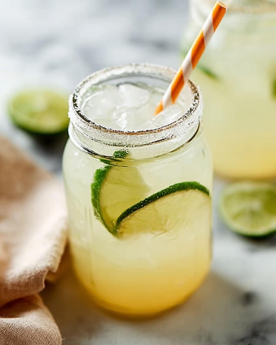 The image shows a clear glass jar filled with a pale yellow drink, ice cubes, and thin slices of lime floating inside. The jar has a sugar rim and a striped straw in orange and white sticking out from the top. In the background, there is a blurred glass of the same drink and a light-colored cloth on a white marbled surface. The overall look is fresh and cool. photo taken with an iphone --ar 4:5 --v 7