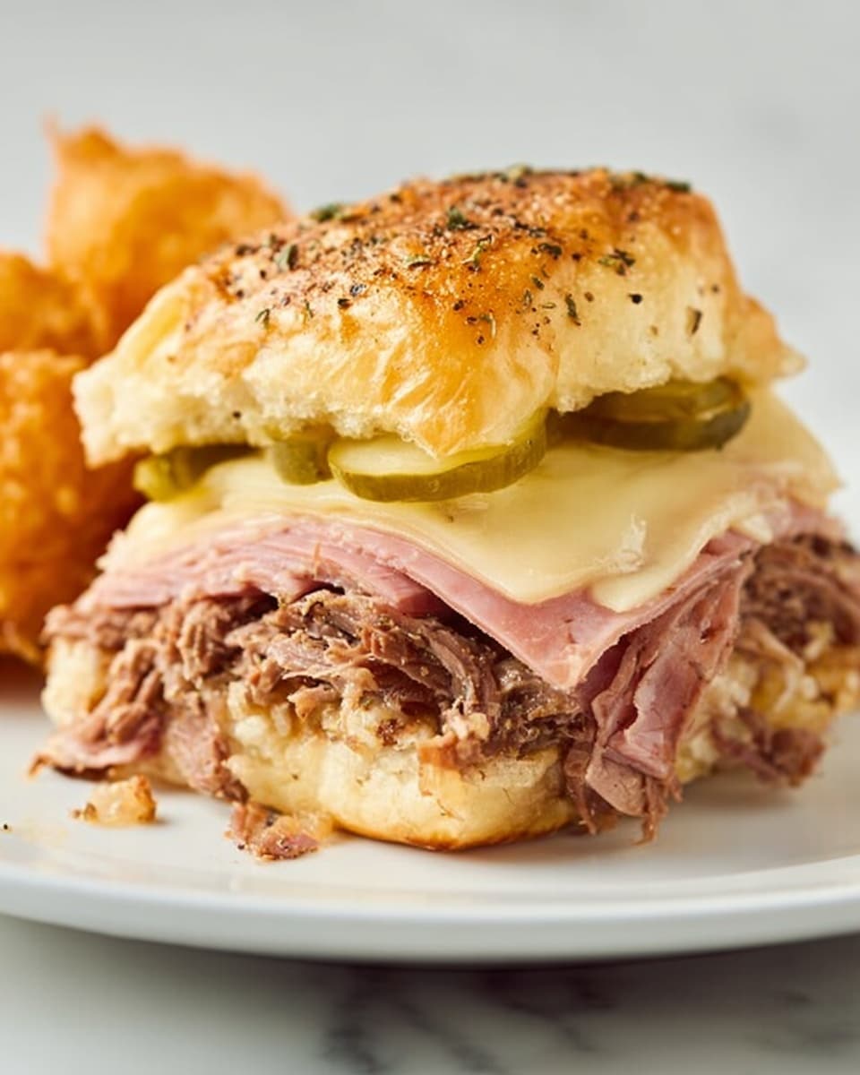 A close-up view of a sandwich with three main layers inside a soft, golden brown bun sprinkled with black pepper and herbs on top. The bottom layer features slices of pink ham, followed by a thick, juicy layer of shredded brown beef stacked above. On top of the beef, there are thin slices of pale green pickles, and above them sits a slice of melted, creamy yellow cheese that reaches the top bun. The sandwich is placed on a white plate, set on a white marbled surface. In the background, part of a golden brown fried side item is visible. Photo taken with an iphone --ar 4:5 --v 7