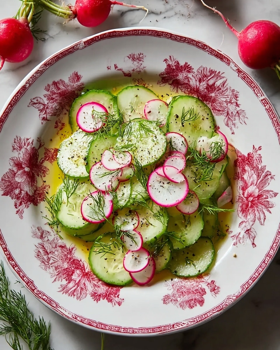 A white plate with red floral patterns holds a fresh salad consisting of two visible layers: the bottom layer is thin, round slices of light green cucumber with slightly bumpy edges, arranged in a spread-out mound; the top layer features several thin, round slices of radish with white centers and bright pink edges scattered evenly on top. The salad is garnished with small sprigs of green dill fresh herbs placed on and around the vegetable slices. The entire dish is lightly drizzled with golden olive oil and sprinkled with coarse black pepper and some salt. The plate is set on a white marbled surface, partially surrounded by some red radishes and additional dill sprigs. photo taken with an iphone --ar 4:5 --v 7
