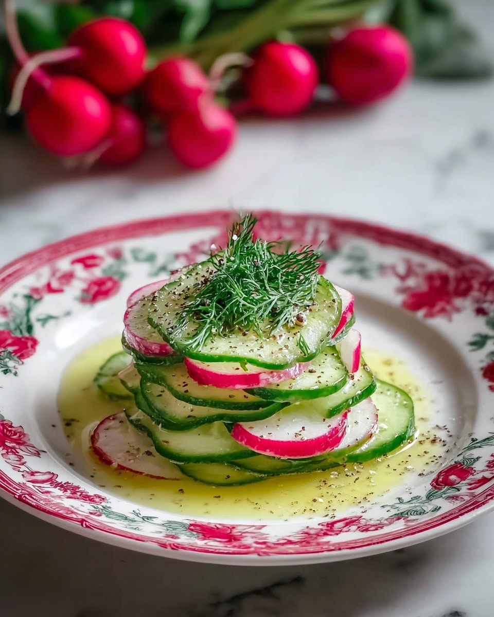 A white plate with a red and green floral pattern holds a small pile of thinly sliced cucumber and radish arranged in alternating layers, about four layers high. The cucumber slices are light green with a slightly dark green edge, and the radish slices are white with bright pink edges. The stack is topped with a small bunch of fresh green dill, and the slices are sprinkled with coarse black pepper and herbs. A light yellow dressing pools around the base, adding a glossy texture. The background is a white marbled surface with some blurred fresh radishes in the distance. photo taken with an iphone --ar 4:5 --v 7