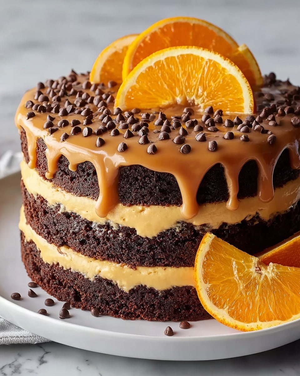 A three-layer chocolate cake sits on a white plate, each dark brown cake layer separated by a smooth, thick light yellow cream layer. The top cake layer is covered with a glossy caramel-colored frosting that drips slightly over the edge, dotted with small dark chocolate chips all over the surface. Two bright orange slices rest on top of the cake, while two more orange slices lean against the side. The setting has a white marbled texture background. photo taken with an iphone --ar 4:5 --v 7