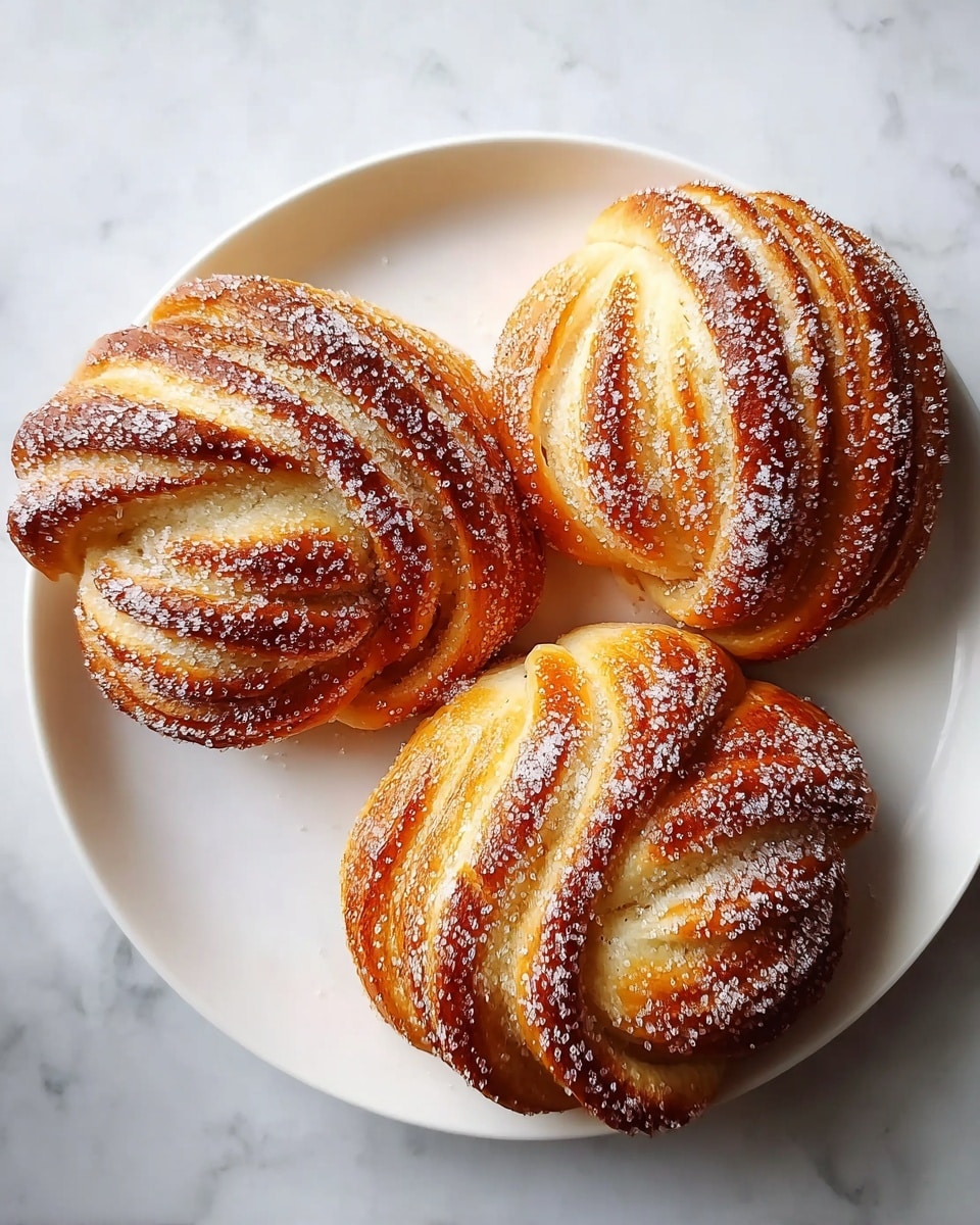 Three golden brown twisted pastries with visible layers showing a spiral pattern, sprinkled with granulated sugar, sitting closely together on a white plate, all placed on a white marbled surface photo taken with an iphone --ar 4:5 --v 7
