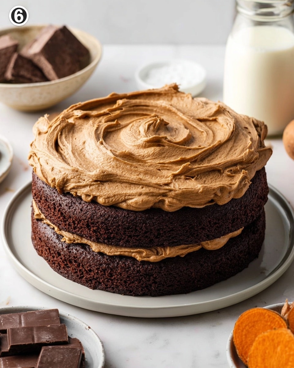 A two-layer chocolate cake sits on a white plate, each layer dark brown and moist, topped with thick, swirled light brown frosting that covers the entire top with a textured, creamy finish. The background is a white marbled surface with a glass jar of milk, pieces of dark chocolate, a white bowl with sweet potatoes, and a partly visible sweet potato on the side. photo taken with an iphone --ar 4:5 --v 7