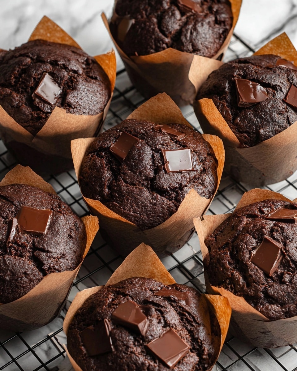 The image shows nine rich, dark chocolate muffins arranged closely together on a black wire cooling rack. Each muffin is wrapped in a brown parchment paper liner that extends above the muffin top, creating a tulip shape. The muffin tops are textured with cracks and small crevices, revealing a moist and dense crumb. Large chunks of melted milk chocolate are scattered on top of each muffin, adding a shiny, smooth contrast against the rough, dark surface. The background is a white marbled texture, enhancing the deep brown tones of the muffins, photo taken with an iphone --ar 4:5 --v 7