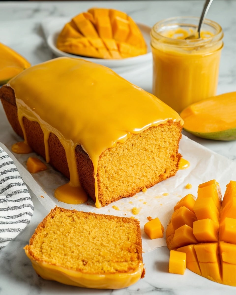 A loaf cake covered with a thick, smooth yellow glaze that drips slightly over the sides. The cake has a dense texture with a moist crumb, and two slices are cut, showing the inside layer that matches the glaze color slightly darker. The cake is placed on white parchment paper on a round white plate. Around the plate are yellow mango pieces, a glass jar with yellow sauce, and a diced mango on a white marbled surface. Photo taken with an iphone --ar 4:5 --v 7