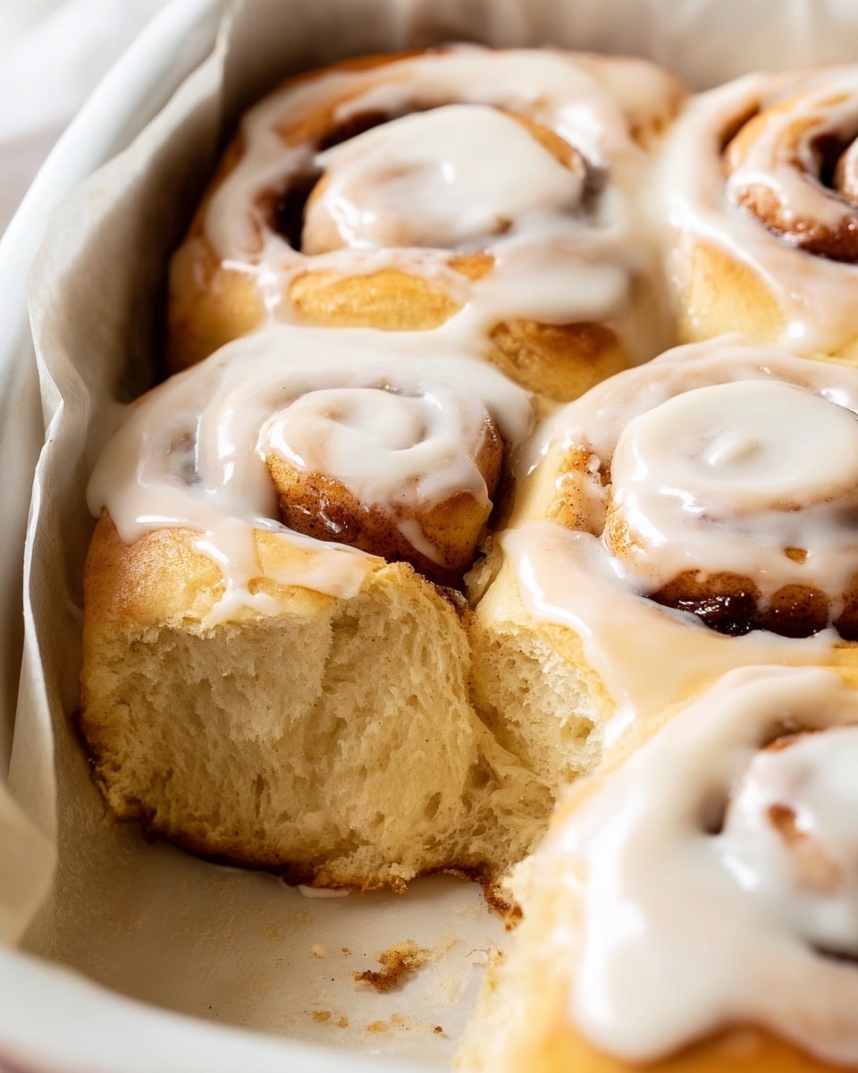 The image shows a close-up of soft, golden-brown cinnamon rolls in a white baking dish lined with parchment paper. There are several rolls, each with visible swirls of dark cinnamon filling inside the soft dough. The rolls are thick and fluffy, with one roll missing, revealing its light, airy inside texture. A thick layer of smooth, white icing covers the top of the rolls, dripping slightly down the sides, adding a glossy creamy finish. The whole scene is on a white marbled texture surface. photo taken with an iphone --ar 4:5 --v 7