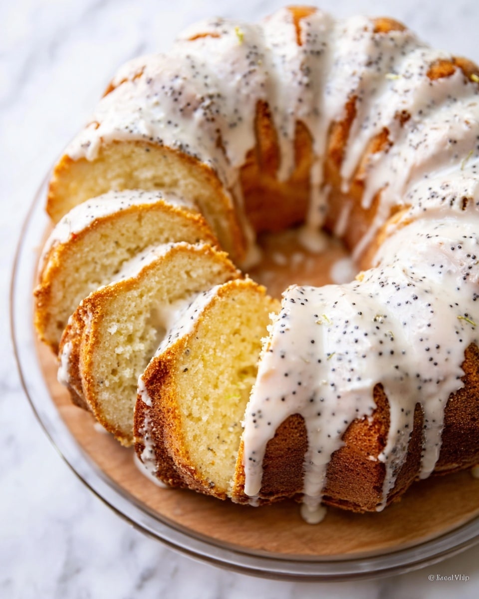 A sliced bundt cake on a clear round plate placed over a white marbled surface, showing about 10 slices with a light golden-brown crust and a soft, pale yellow inside. The cake is covered with white glaze that drips down the sides in uneven layers, sprinkled with small black poppy seeds. The texture of the cake looks moist with a slightly crumbly top under the glaze, and the glaze has a smooth, shiny finish. photo taken with an iphone --ar 4:5 --v 7