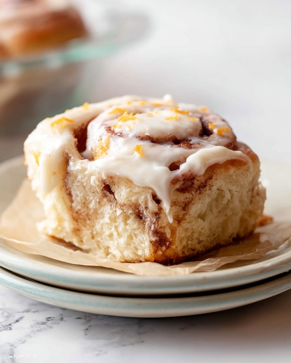 A close-up view of a cinnamon roll sitting on a piece of parchment paper on a white plate, which is stacked on top of another clear glass plate with a white marbled surface below. The cinnamon roll has two visible layers: the bottom part is a light brown, soft, and spongy bread with darker cinnamon streaks running through it, and the top layer is a creamy white icing smoothly spread with some orange zest sprinkled over it, adding small bright orange spots. The roll looks moist and fluffy, with the swirl of cinnamon dough clearly visible under the icing. Photo taken with an iphone --ar 4:5 --v 7