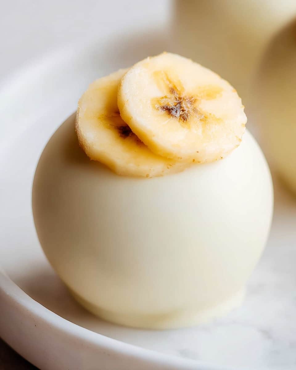 A close-up view of a smooth, round white chocolate ball with a matte texture, topped with a single slice of dried banana that has a light yellow color with some darker brown spots and a slightly wrinkled texture. The white chocolate ball sits on a white plate with a white marbled background softly blurred behind it. Photo taken with an iphone --ar 4:5 --v 7