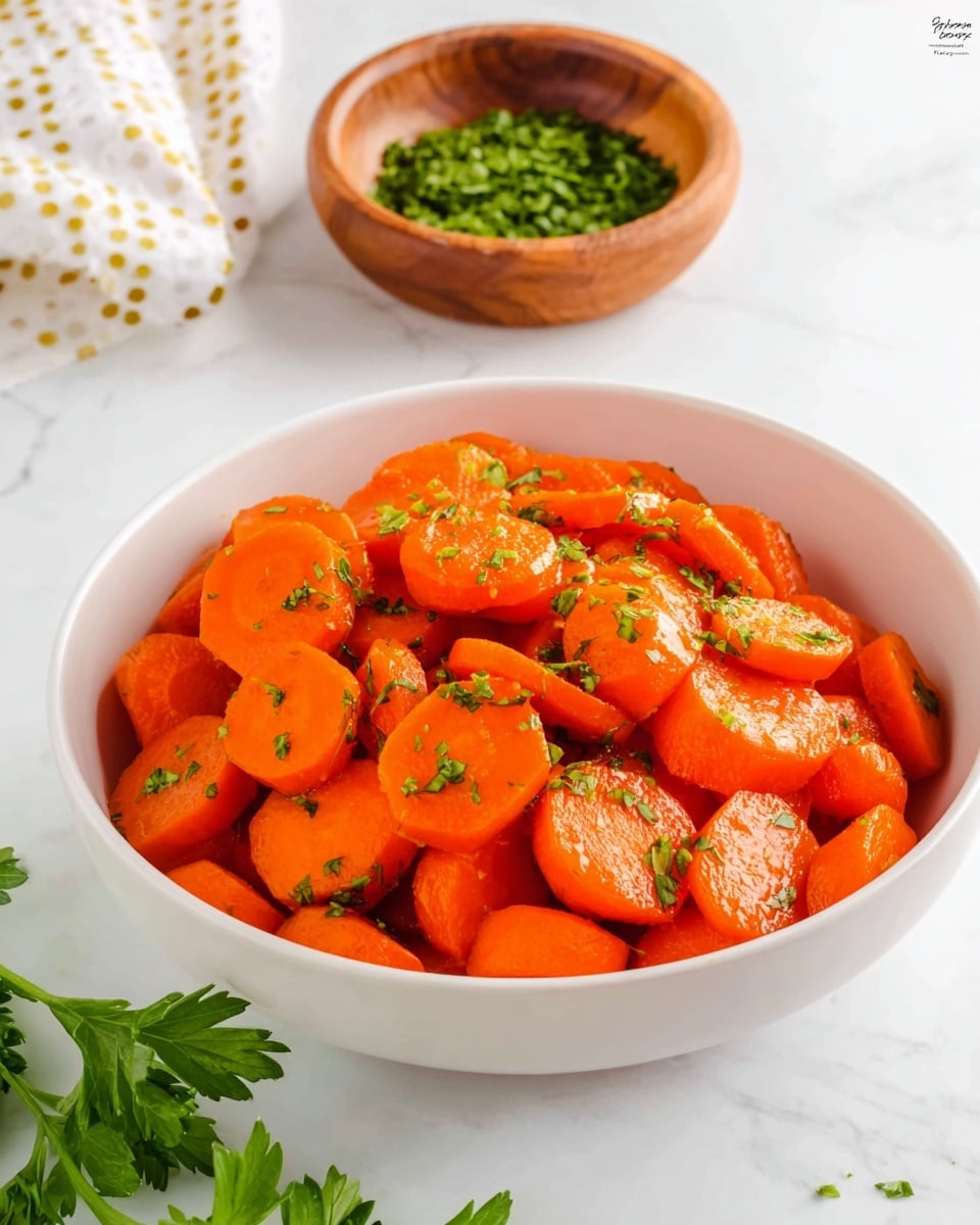 The image shows a white bowl filled with sliced cooked carrots that are bright orange and glossy, lightly coated in a sauce or glaze, with small green herb bits sprinkled on top for garnish. Behind the bowl, a small wooden bowl contains finely chopped green herbs, and a few whole fresh parsley leaves lie on the white marbled surface. The scene is clean, bright, and simple, focusing closely on the vibrant colors and textures of the carrots and herbs. Photo taken with an iphone --ar 4:5 --v 7