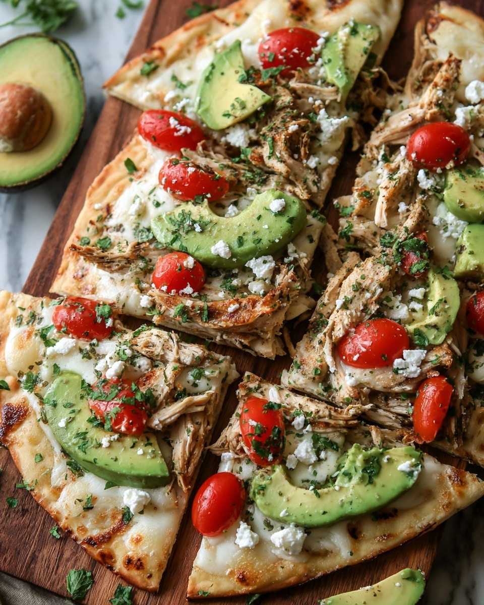 This image shows a flatbread pizza cut into slices on a wooden board. The flatbread base is golden brown and thin with light crisp edges. On top, there is a layer of melted white cheese spread evenly across the flatbread. Scattered over the cheese, there are shredded pieces of grilled chicken with a light brown color and seasoning. Bright green slices of fresh avocado and halved red cherry tomatoes are placed on each slice. The pizza is garnished with chopped green herbs and crumbled white cheese sprinkled on top. In the corner, there is a halved avocado with the pit removed. The background is a white marbled surface. photo taken with an iphone --ar 4:5 --v 7