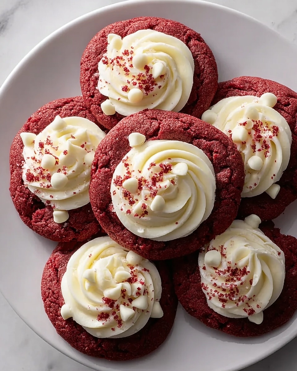 Seven round red velvet cookies sit on a white plate with a white marbled surface underneath. Each cookie has a cracked textured red base layer that is soft and thick. On top is a swirled layer of smooth white cream cheese frosting in the center, piped in a circular motion. Around the frosting are small white chips scattered on the cookies. Some red crumbs are sprinkled over the frosting for decoration. The cookies are arranged closely in a circle on the plate. photo taken with an iphone --ar 4:5 --v 7