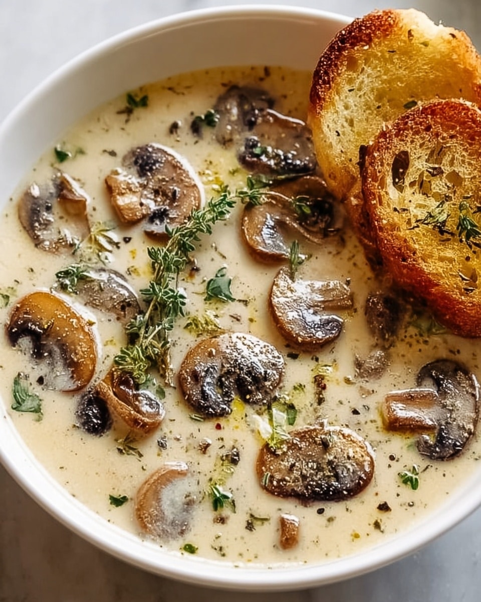 A white bowl filled with creamy soup that has cooked brown mushroom slices spread evenly inside. Green thyme sprigs are placed on top, adding texture and color. The creamy broth is pale beige with a smooth texture, and there are small green and black herbs sprinkled around. Two pieces of golden toasted bread with a crisp crust lean against the bowl's edge. The bowl sits on a white marbled surface, showing soft light and subtle reflections. photo taken with an iphone --ar 4:5 --v 7