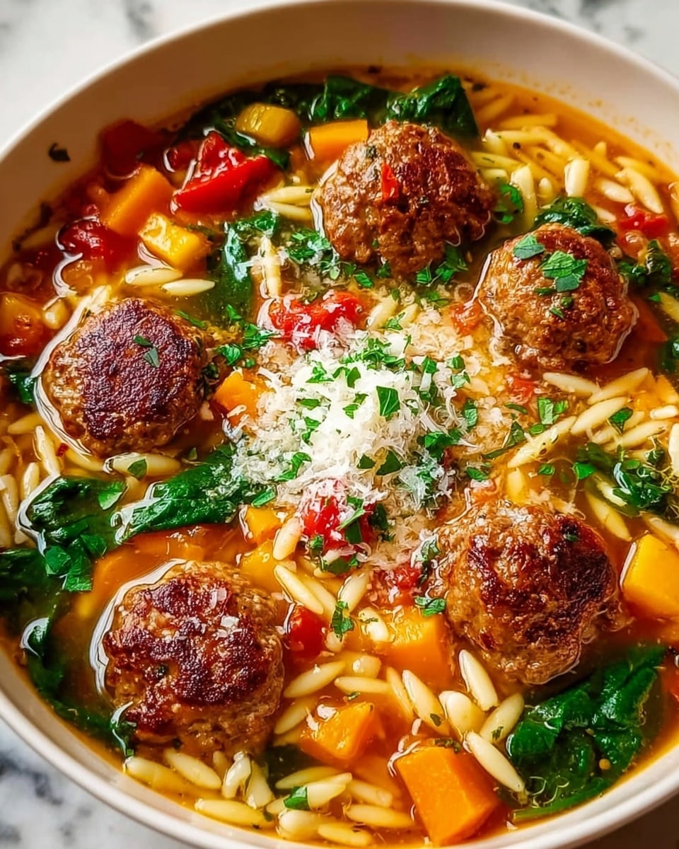 A close-up view of a white bowl filled with a colorful soup made of four browned meatballs placed on top of small orzo pasta in a clear golden broth. The soup has bright orange carrot cubes, dark green spinach leaves, and chunks of red tomatoes around the meatballs. Freshly grated white cheese and finely chopped green herbs are sprinkled in the center over the meatballs, adding texture and freshness. The bowl is set against a white marbled surface. photo taken with an iphone --ar 4:5 --v 7