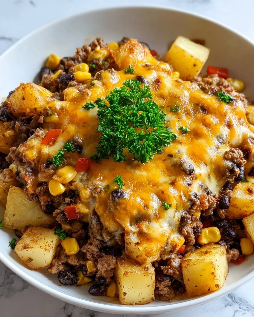 The dish is served in a white bowl on a white marbled surface, featuring a base layer of cooked ground beef mixed with visible yellow corn kernels, black beans, and small diced red peppers. On top of this, there are cubed light golden potatoes scattered throughout. The entire dish is generously covered with melted cheddar cheese, showing a rich orange and creamy white mix, slightly browned in spots. A small bunch of fresh green parsley sits at the center as a garnish, adding a pop of bright green color. Photo taken with an iphone --ar 4:5 --v 7