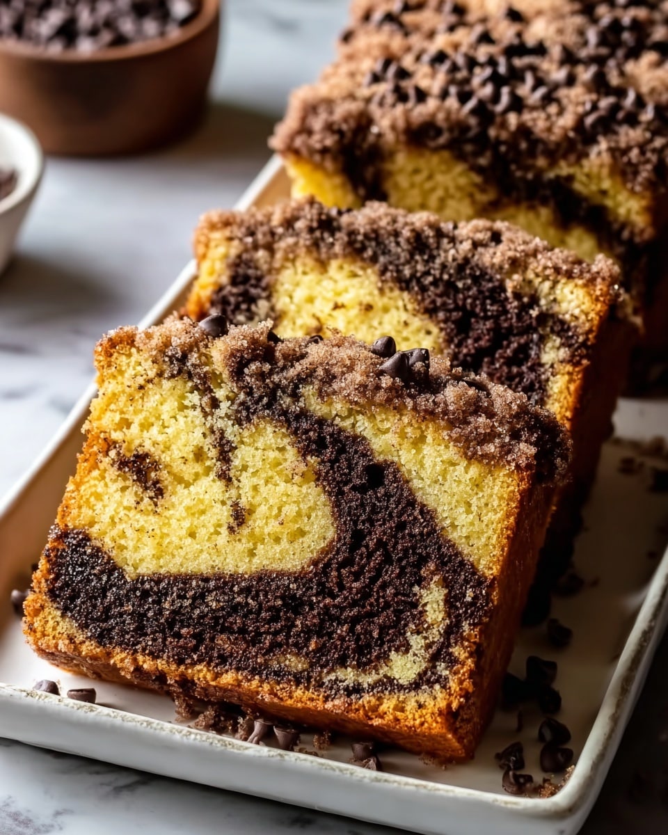 This image shows two thick slices of a coffee cake with a crumbly topping, placed on a long white plate. The cake has two visible layers, the base is golden yellow with a soft, moist texture, and it is mixed with dark brown swirls of chocolate or cinnamon filling inside. The top layer is a crumbly, sugar-coated streusel with small chocolate chips scattered across, adding texture and color contrast. The background shows a white marbled surface and a small wooden bowl with extra chocolate chips, partly out of focus. Photo taken with an iphone --ar 4:5 --v 7