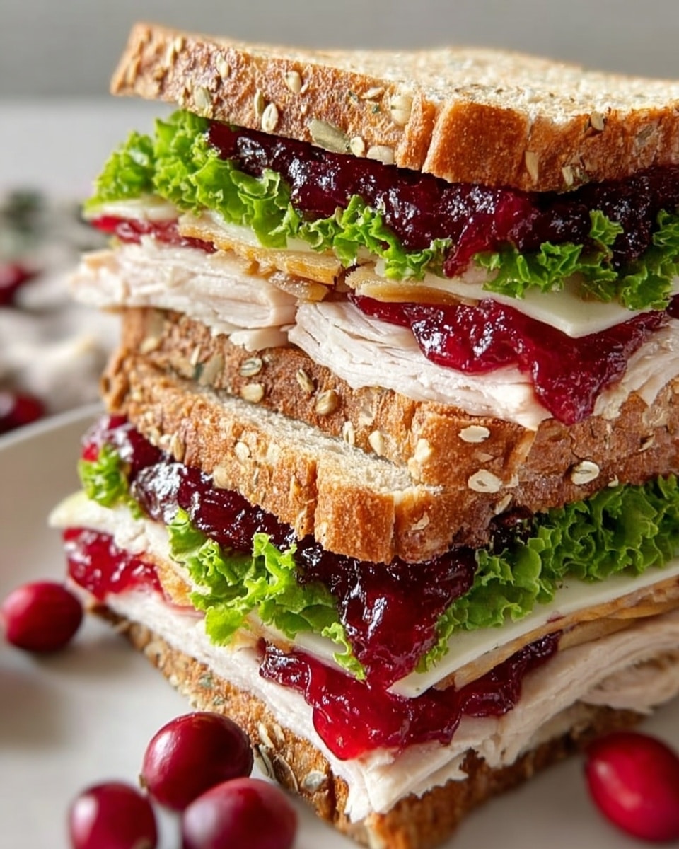 The image shows a close-up of a sandwich cut in half and stacked, placed on a white plate with a white marbled texture surface beneath. The sandwich has five visible layers of seeded brown bread that look soft and slightly toasted. Between the bread layers, from bottom to top, there is a base layer of green curly lettuce, a thick layer of sliced turkey meat with a pale pink color and smooth texture, a layer of melted white cheese, and a thick spread of dark red cranberry sauce with a glossy and chunky texture. The top sandwich section mirrors the same ingredients with a final layer of lettuce and cranberry sauce under the top bread slice. A woman's hand holds the sandwich, helping show its size and the layered details clearly. Photo taken with an iphone --ar 4:5 --v 7