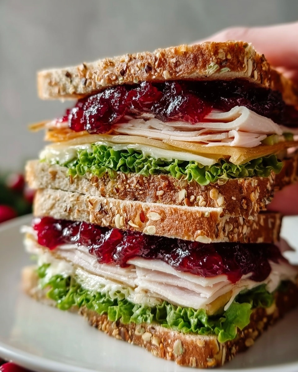 A close-up of a sandwich stacked with three slices of toasted multigrain bread showing a rough texture with seeds, layered with bright green curly lettuce, thinly sliced white turkey meat, creamy white cheese, and a thick spread of bright red cranberry sauce that glistens on top of the turkey. The sandwich is cut diagonally, revealing all layers clearly, placed on a white plate with some fresh cranberries on the white marbled surface in the background. Photo taken with an iphone --ar 4:5 --v 7