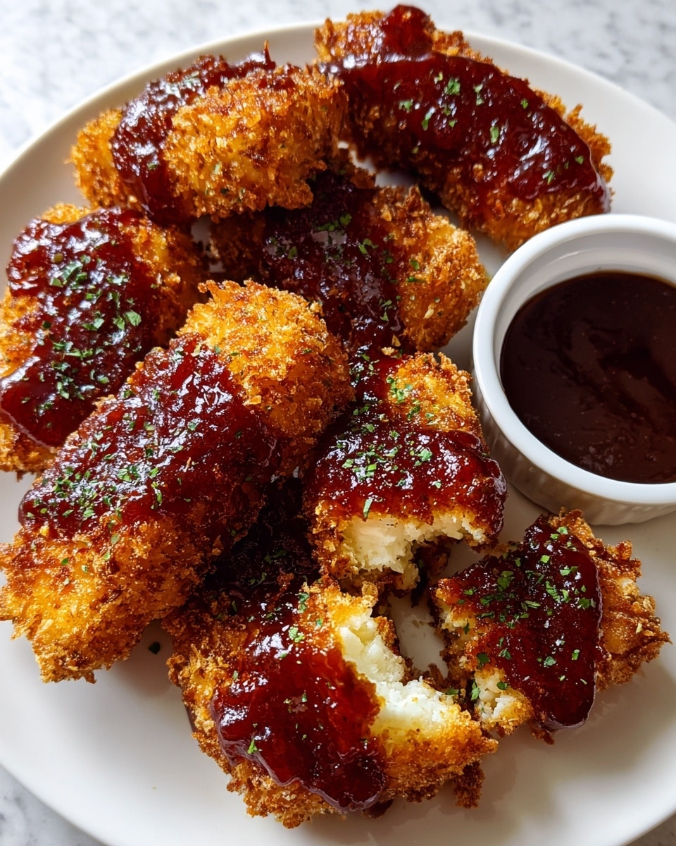 The image shows a white plate with several pieces of golden-brown fried food that look crunchy and crispy. Each piece is covered with a thick, dark reddish-brown sauce spread unevenly on top, giving a glossy shine. Some green herbs are sprinkled lightly over the sauce on the fried pieces. One piece is broken, revealing a white inside that looks soft and flaky. There is also a small white bowl on the plate filled with more dark sauce. The plate rests on a white marbled texture surface. Photo taken with an iphone --ar 4:5 --v 7