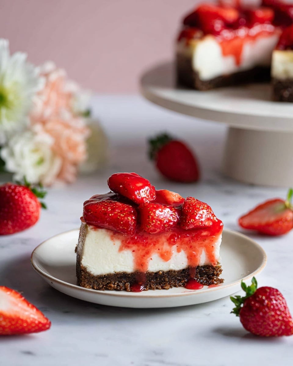 A slice of cheesecake is placed on a white plate on a white marbled surface with a whole cheesecake in the background on a white cake stand. The cheesecake has three layers: the bottom layer is dark brown and crumbly, the middle layer is thick and creamy white, and the top layer is bright red strawberry sauce with whole and halved shiny strawberries, dripping slightly down the sides. Around the plate and on the surface are fresh strawberries, and soft white and pale pink flowers are blurred in the background. photo taken with an iphone --ar 4:5 --v 7