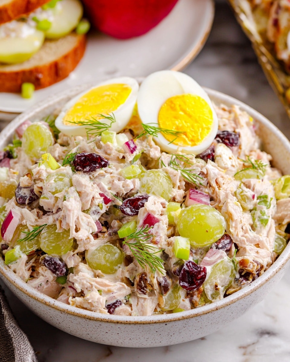 A close-up of a bowl filled with a mixed salad showing multiple layers and colors: the base is a creamy, light pink shredded chicken mixed with small chunks of green grapes. Scattered throughout are tiny pieces of red onion and dried cranberries adding a dark red color and crunchy texture. Bright green slices of celery and green onion pieces add fresh pops of color, while thin sprigs of dill are sprinkled over the salad for a fresh green touch. Two halves of hard boiled eggs with yellow yolks are placed on top, resting on the creamy salad. The bowl is white with subtle grey specks and is set on a white marbled surface. In the background, there is a white plate with a sandwich topped with the same salad, alongside a red apple. Photo taken with an iphone --ar 4:5 --v 7