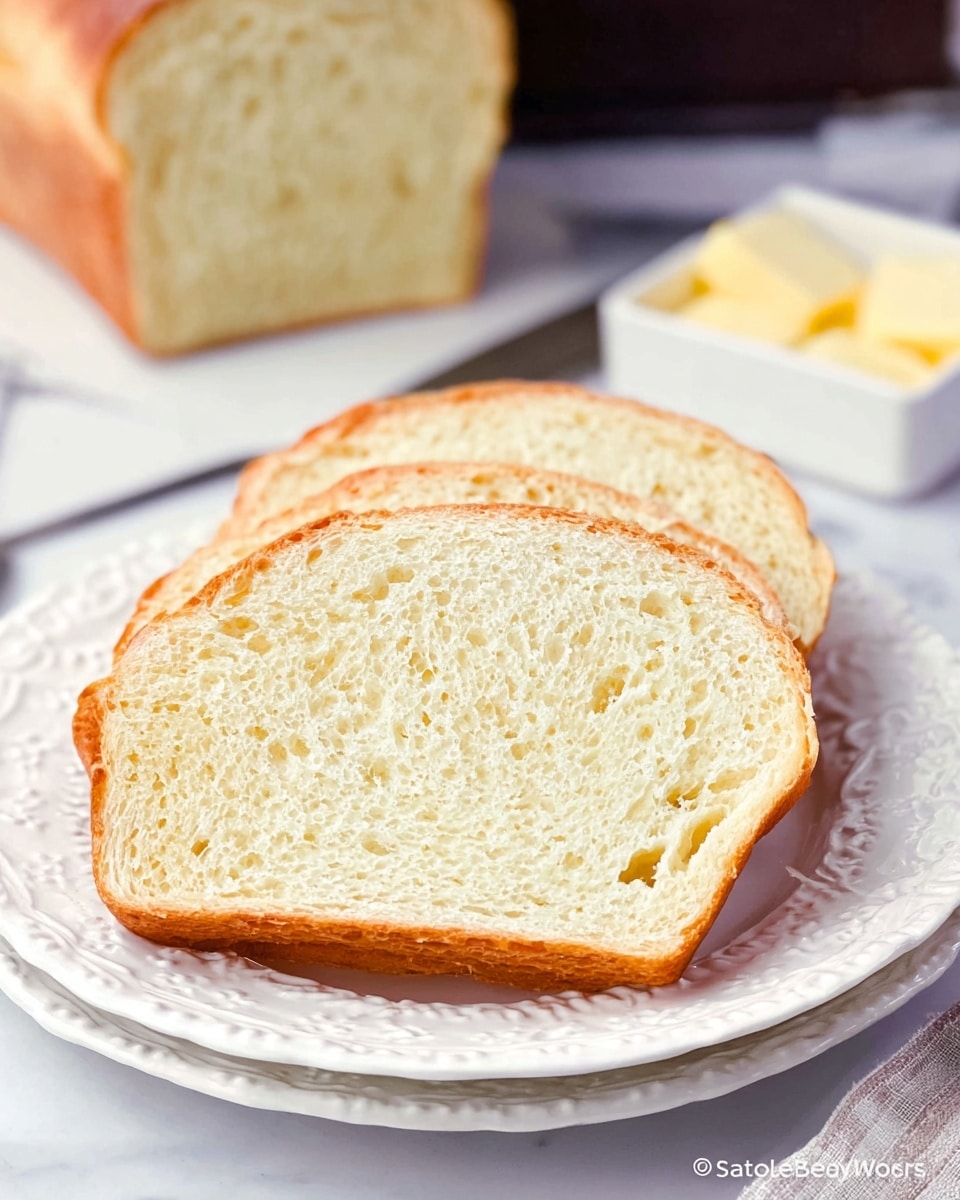 Three slices of homemade white bread are neatly placed in a slightly overlapping row on a white decorative plate with a subtle lace-like texture, showcasing their soft and airy crumb and light golden crust. The thick slices show small holes inside, indicating a tender texture. In the blurred background, a loaf of the same bread visibly stands upright, partially cut, sitting on a white marbled texture surface. In the foreground, a small white square bowl filled with butter squares sits along with a grey knife on the same white marbled surface. The photo has natural lighting, creating soft shadows and highlighting the bread's fluffiness. Photo taken with an iphone --ar 4:5 --v 7