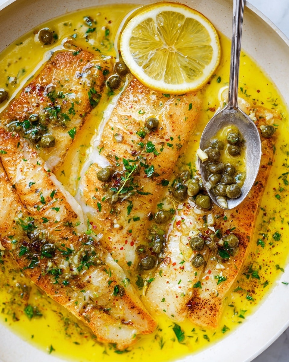 The image shows several golden-brown fried fish fillets with a crispy texture, cooked in a buttery yellow sauce with visible herbs and capers scattered on top. The fillets have a light, flaky appearance with green parsley and small bits of red pepper flakes sprinkled around. Thin lemon slices rest around the fish, partially submerged in the sauce. A wooden spatula is lifting one fillet, showcasing its seared edges and moist inside. The background is a white marbled texture. photo taken with an iphone --ar 4:5 --v 7