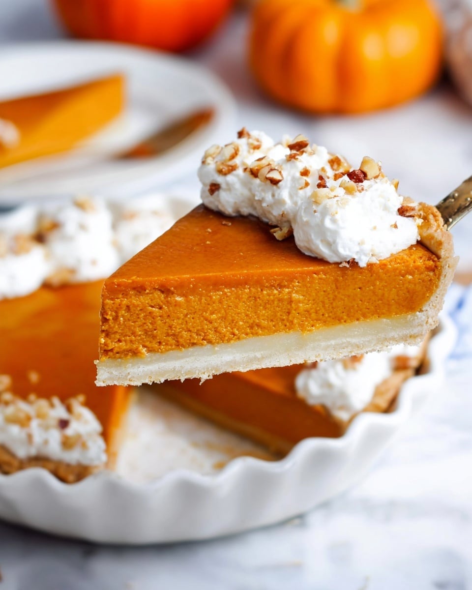 A white pie dish holds a pumpkin pie with three visible layers: the bottom crust is golden brown and slightly crumbly; the middle layer is smooth, flat, and deep orange pumpkin filling; the top layer is a thick ring of white whipped cream piped around the edge of the pie, sprinkled with small bits of chopped nuts, and a small dollop of whipped cream with nut bits in the center. The pie sits on a white marbled surface, with a cinnamon stick visible near the bottom edge of the image and a blurred stack of white dishes and a wooden bowl with orange slices in the background. Photo taken with an iphone --ar 4:5 --v 7