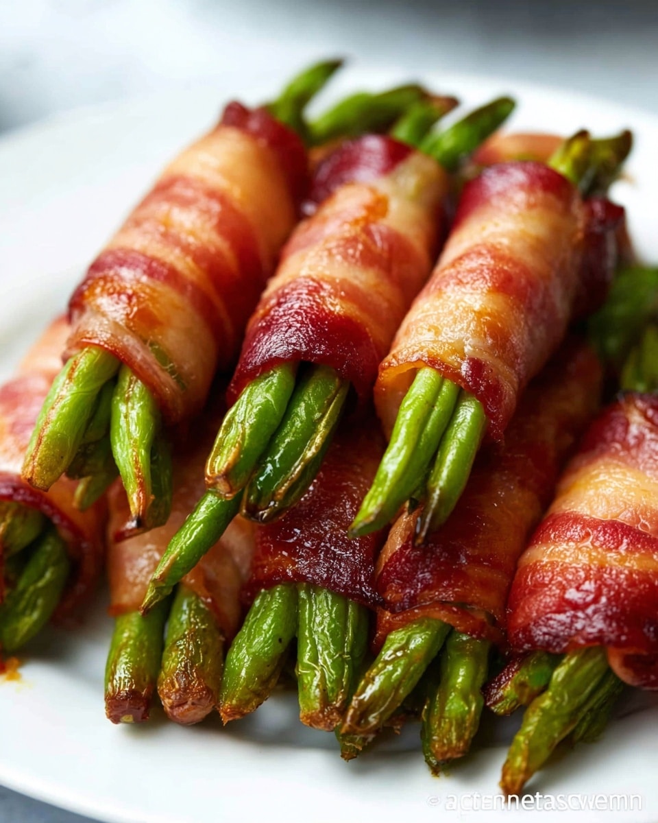 Several bundles of green beans wrapped tightly in shiny, crispy bacon strips are stacked on a white plate, showing a clear contrast between the bright green vegetables and the golden-brown edges of the bacon. Each bundle is made of a few firm green beans with slightly browned tips poking out from the bacon wrap. The bacon looks juicy with a slightly glazed texture, and the bundles are arranged close together, filling the plate against a soft white marbled background. photo taken with an iphone --ar 4:5 --v 7