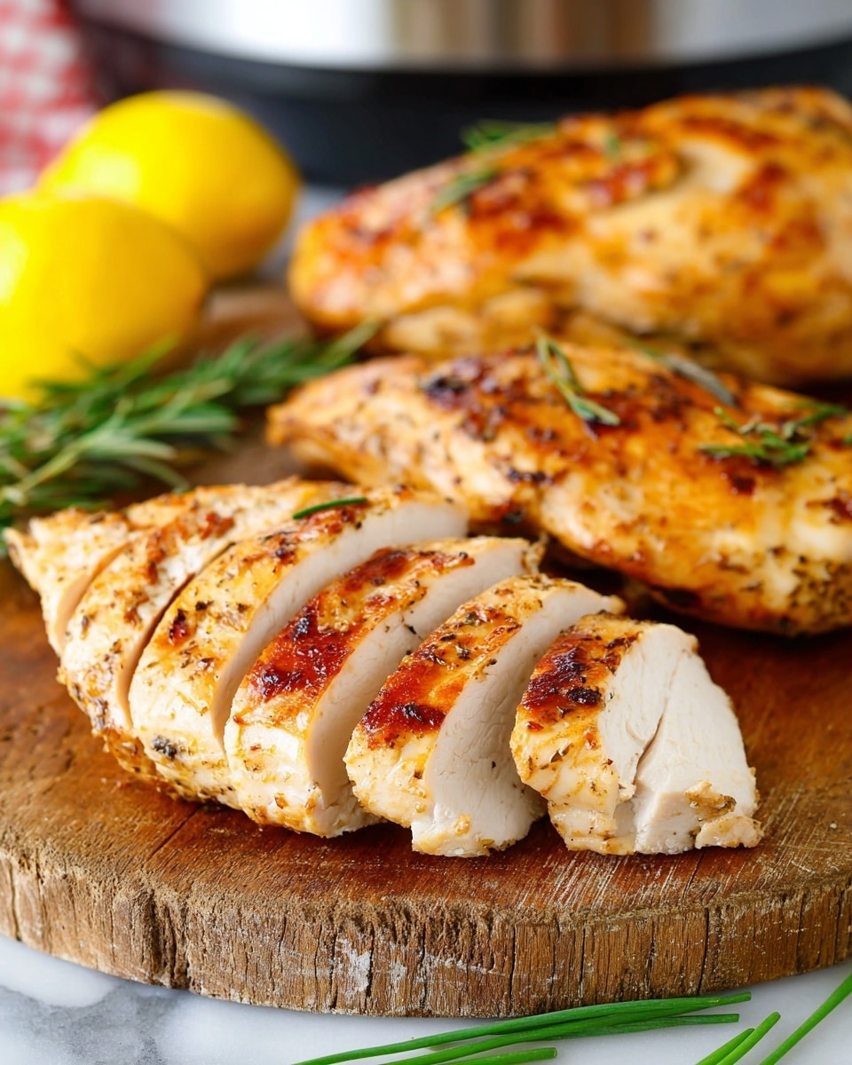 The image shows two pieces of grilled chicken breast on a rustic wooden board, each cut into thick slices revealing white, juicy meat inside. The chicken skin is golden brown with a slightly crispy texture and scattered seasoning like herbs and spices. Behind the chicken, a whole cooked chicken breast is visible, along with a bright yellow lemon and green chives providing contrast. The setting has a white marbled texture underneath the board, and the background is softly blurred, focusing on the chicken. photo taken with an iphone --ar 4:5 --v 7