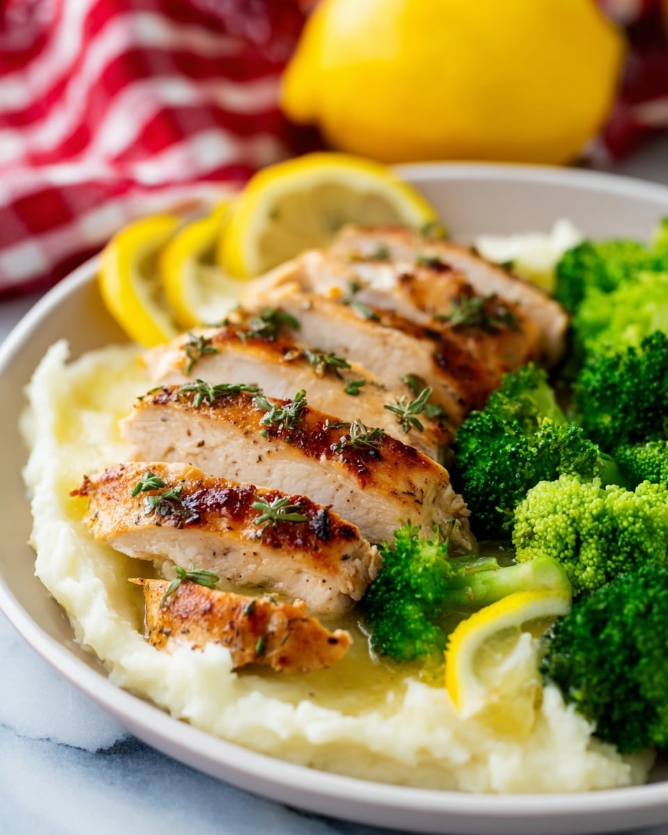 A white plate holds a serving of creamy mashed potatoes as the base layer, smooth and pale in color. On top, there are six slices of grilled chicken breast, golden-brown with slightly charred spots and sprinkled with green herbs. To the right side of the chicken, bright green steamed broccoli florets are arranged, adding texture and freshness. Thin, bright yellow lemon slices are placed under the broccoli and peeking out beneath the chicken, adding a touch of color. The plate is set on a white marbled surface with a blurred yellow lemon and red checkered fabric in the background. Photo taken with an iphone --ar 4:5 --v 7